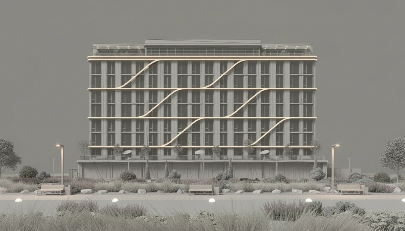 Clay-stage massing study of the Wyndham Hotel exterior
